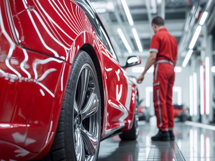 Ein Auto wird in rot lackiert.