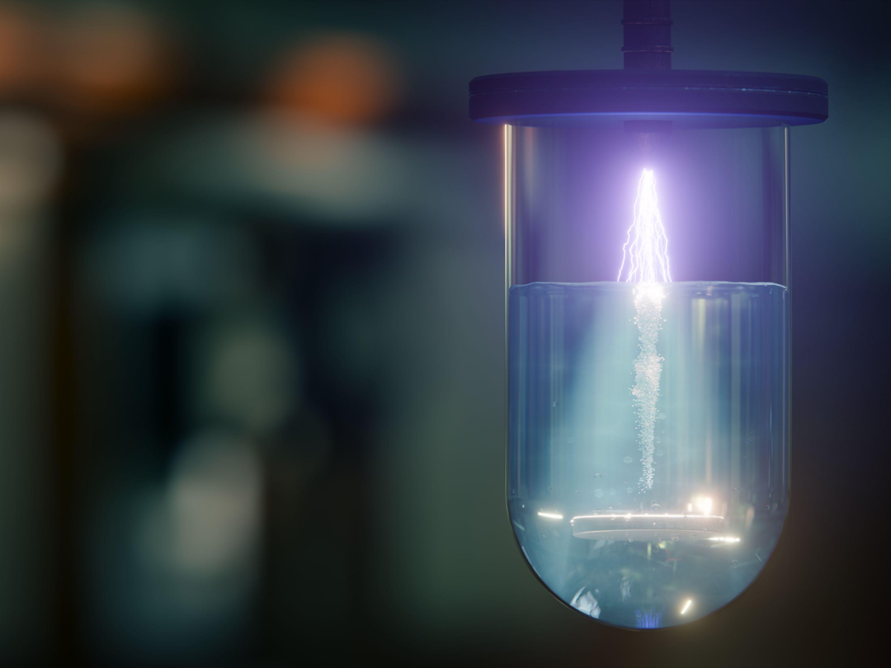 Plasma plus Kavitation: Kaltes Atmosphärendruckplasma zerstört toxische Schadstoffe an der Grenzfläche zwischen Gasblasen und Wasser.