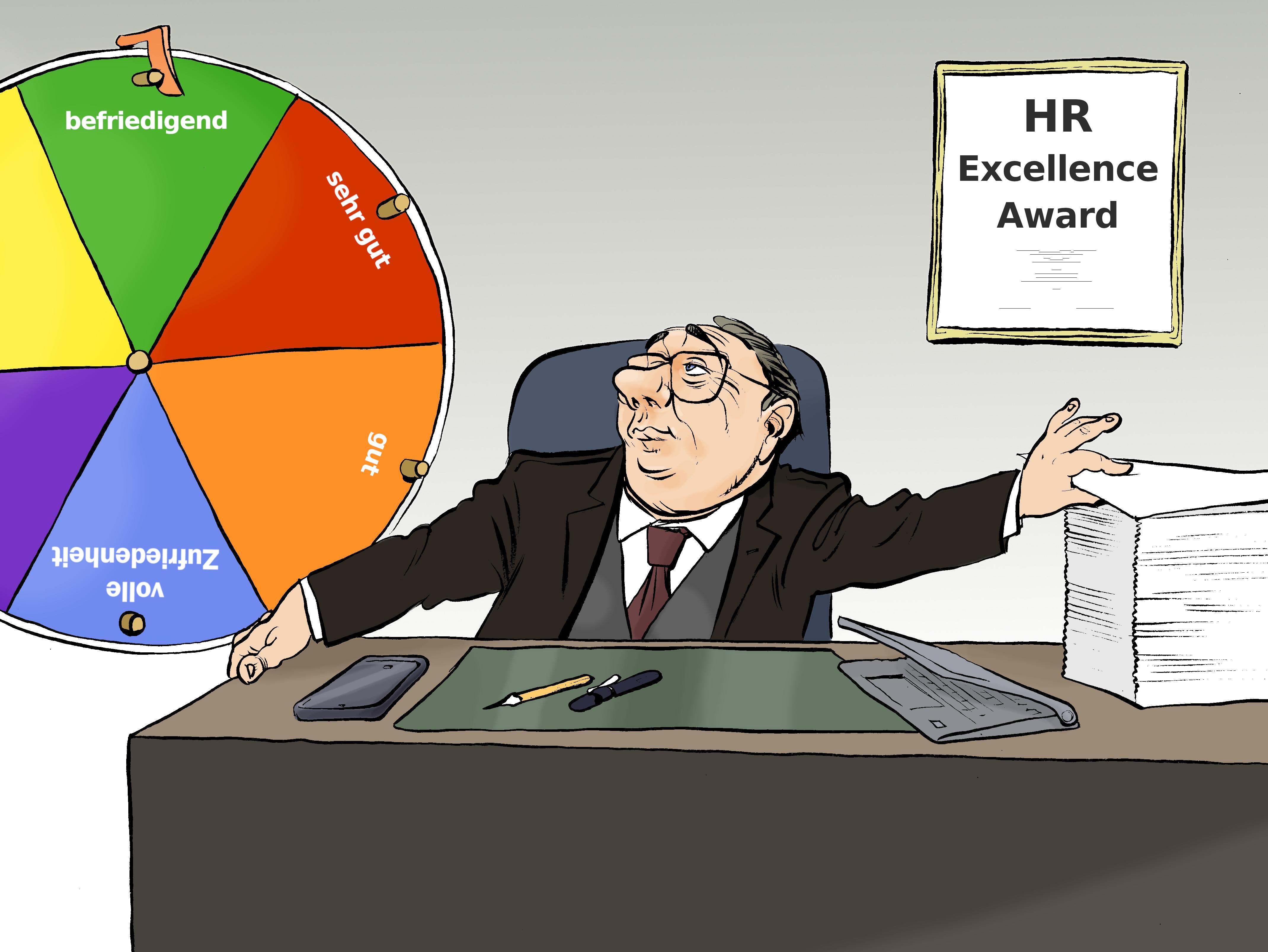 Ein Personaler sitzt in seinem Büro, das mit einem fetten „HR Excellence Award“ an der Wand ausgestattet ist. Er muss ein Zeugnis schreiben und nimmt sich ein frisches Formular von einem dicken Stapel auf dem Schreibtisch. An der Seitenwand hängt ein großes Glücksrad als Zeugnisgenerator. Auf den Feldern sind die Noten „gut“, „sehr gut“ und „volle Zufriedenheit“ erkennbar. Das Feld unter dem Zeiger bleibt bei „befriedigend“ stehen, weil das genau die Mindestnote ist, auf die alle Beschäftigten Anspruch haben.