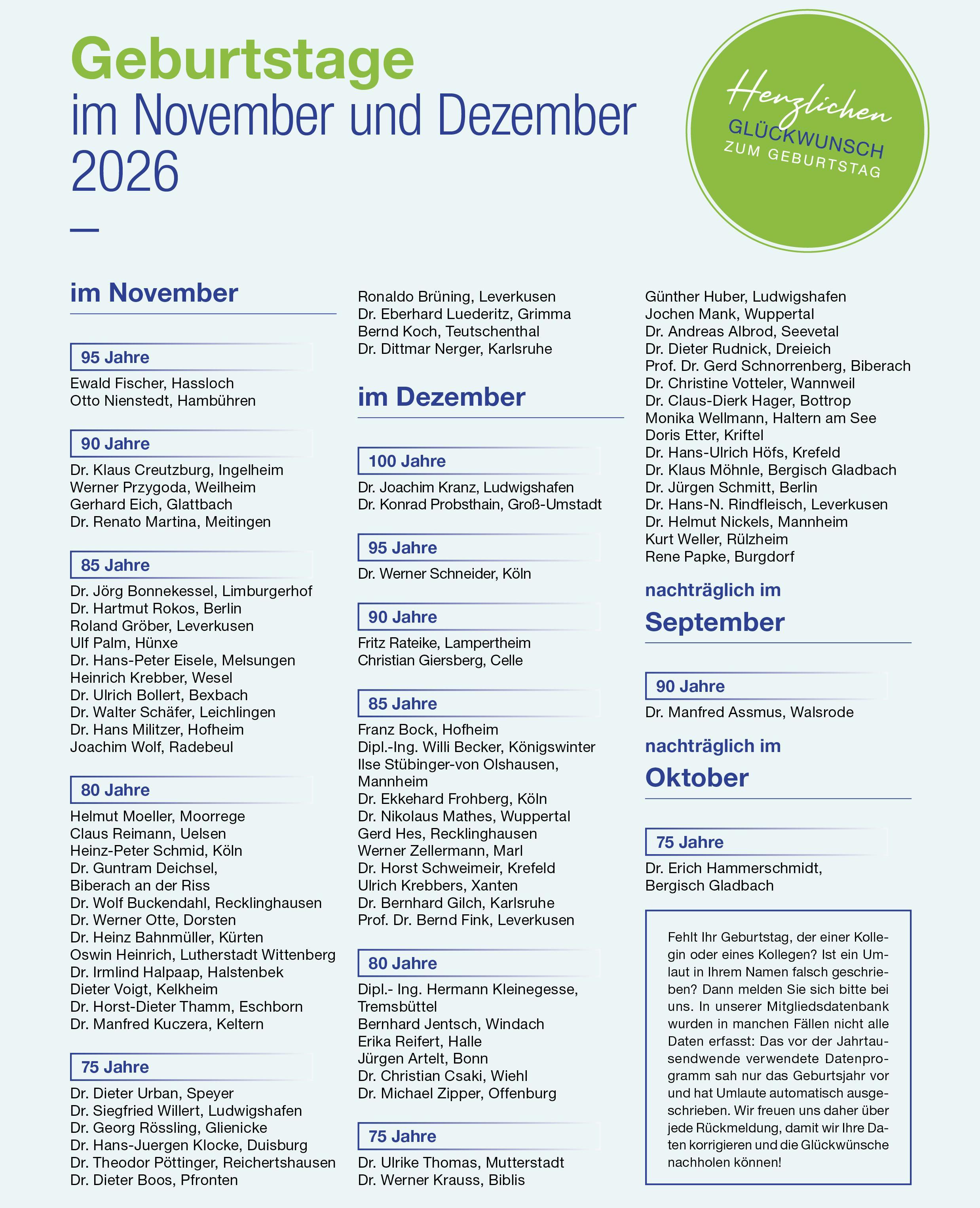 Glückwunschseite aus dem VAA Magazin, Ausgabe Oktober 2026.