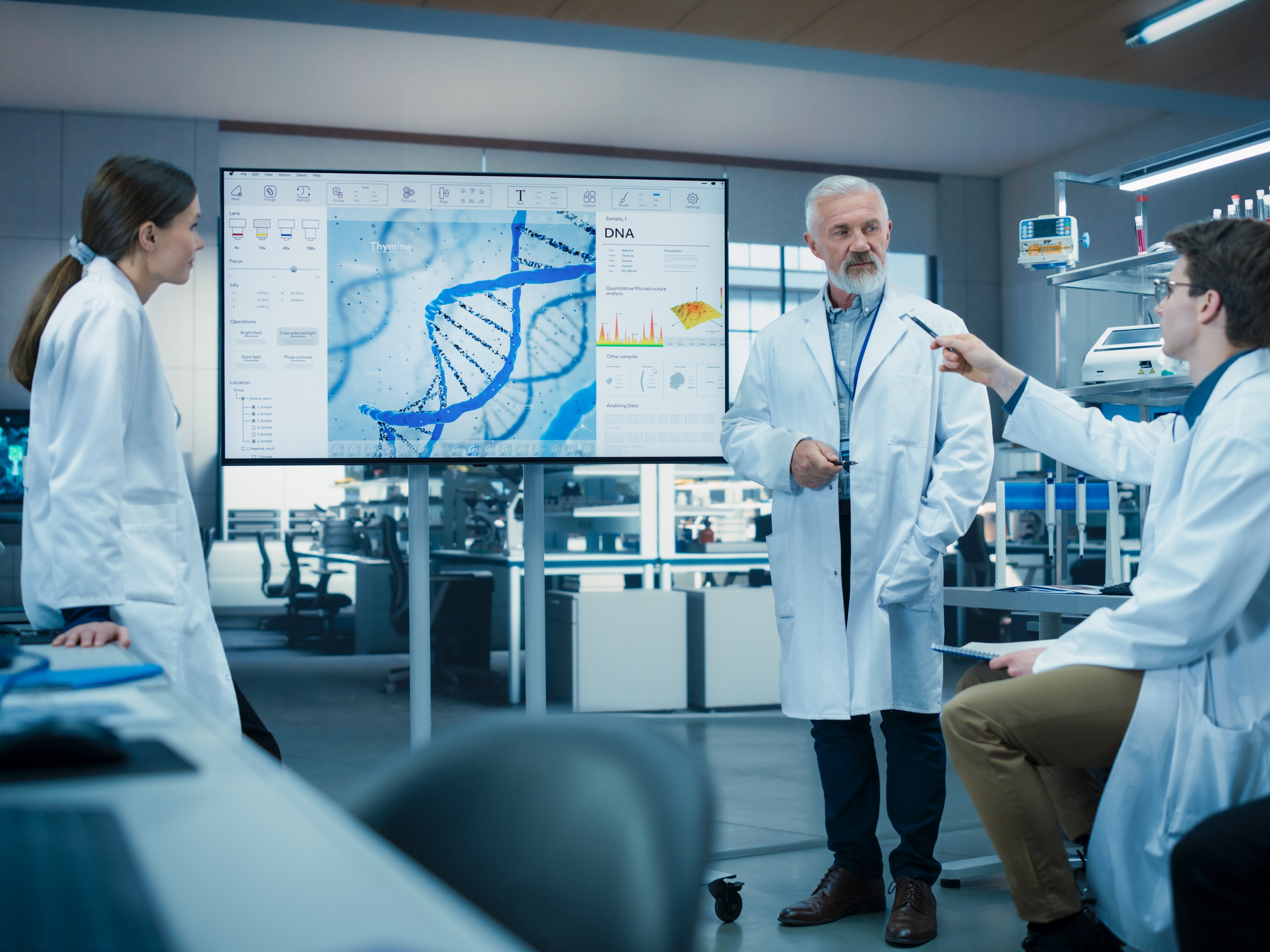 In einem Labor eine Frau, ein älterer Herr und ein junger Mann in weißen Kitteln. Im Hintergrund ein großer Bildschrim mit einer DNA-Analyse. Die Menschen tauschen sich darüber aus.