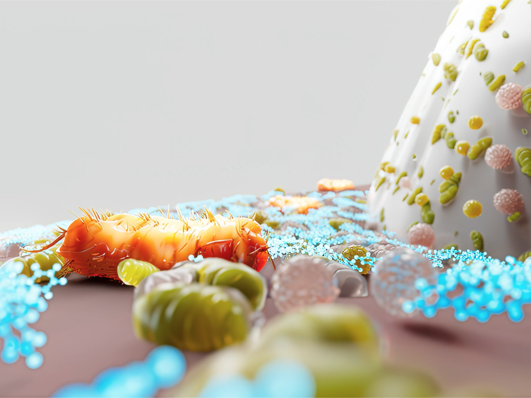 Porphyromonas gingivalis in orange, der Inhaltsstoff in blau und gesundes Mikrobiom am Übergang von Zahnfleisch zu Zahn.