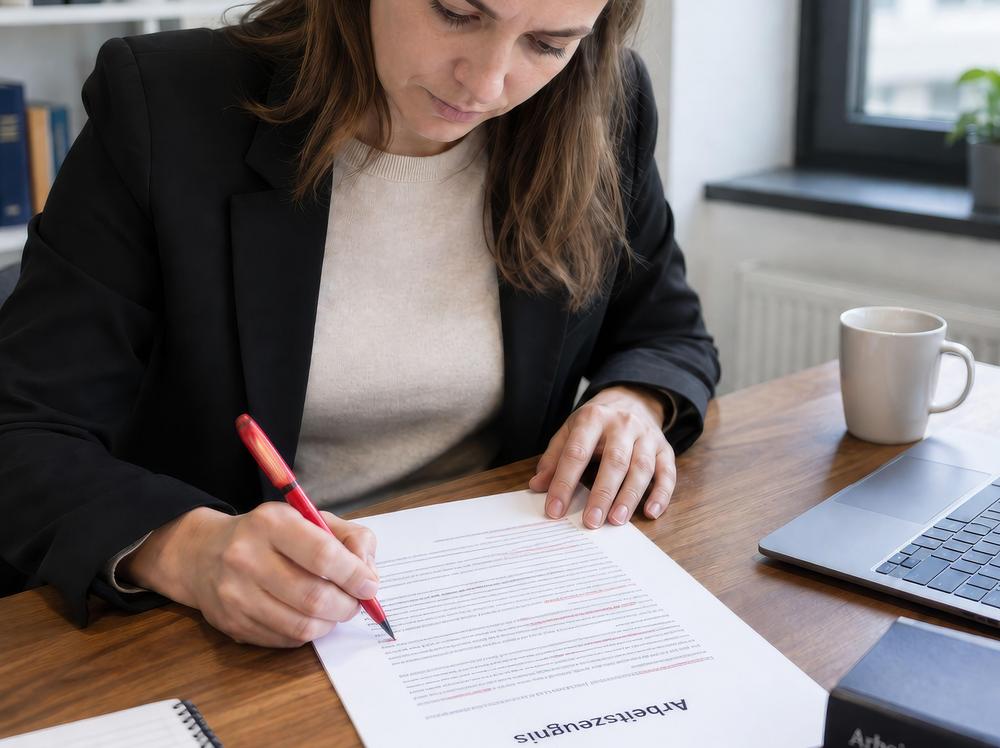Eine Frau sitzt im Büro. Sie markiert und prüft ein Arbeitszeugnis am Schreibtisch; daneben liegen Laptop, Notizblock und Fachliteratur zum Arbeitsrecht.