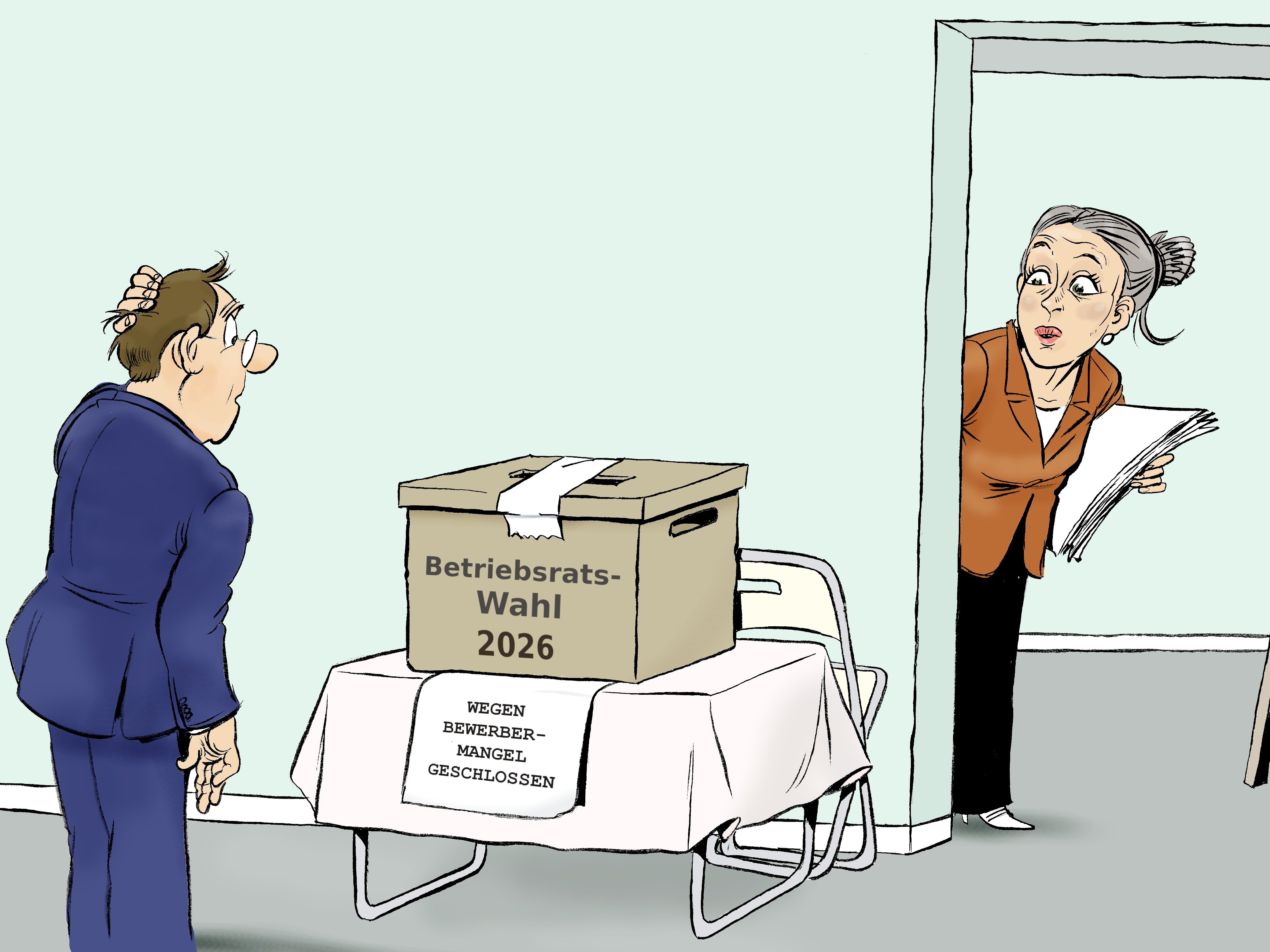 Ein Tisch mit einer Wahlurne steht im Büroflur und ist mit „Betriebsratswahl 2026“ beschriftet. Aber die Urne ist zugeklebt. Auch gibt es keine Stimmzettel, nur einen Schild „wegen Bewerbermangel geschlossen“. Im Hintergrund rechts schaut eine Kollegin aus dem Flur hinein und vor dem Wahltisch links steht ein Kollege völlig verdutzt auf die gesperrte Urne.