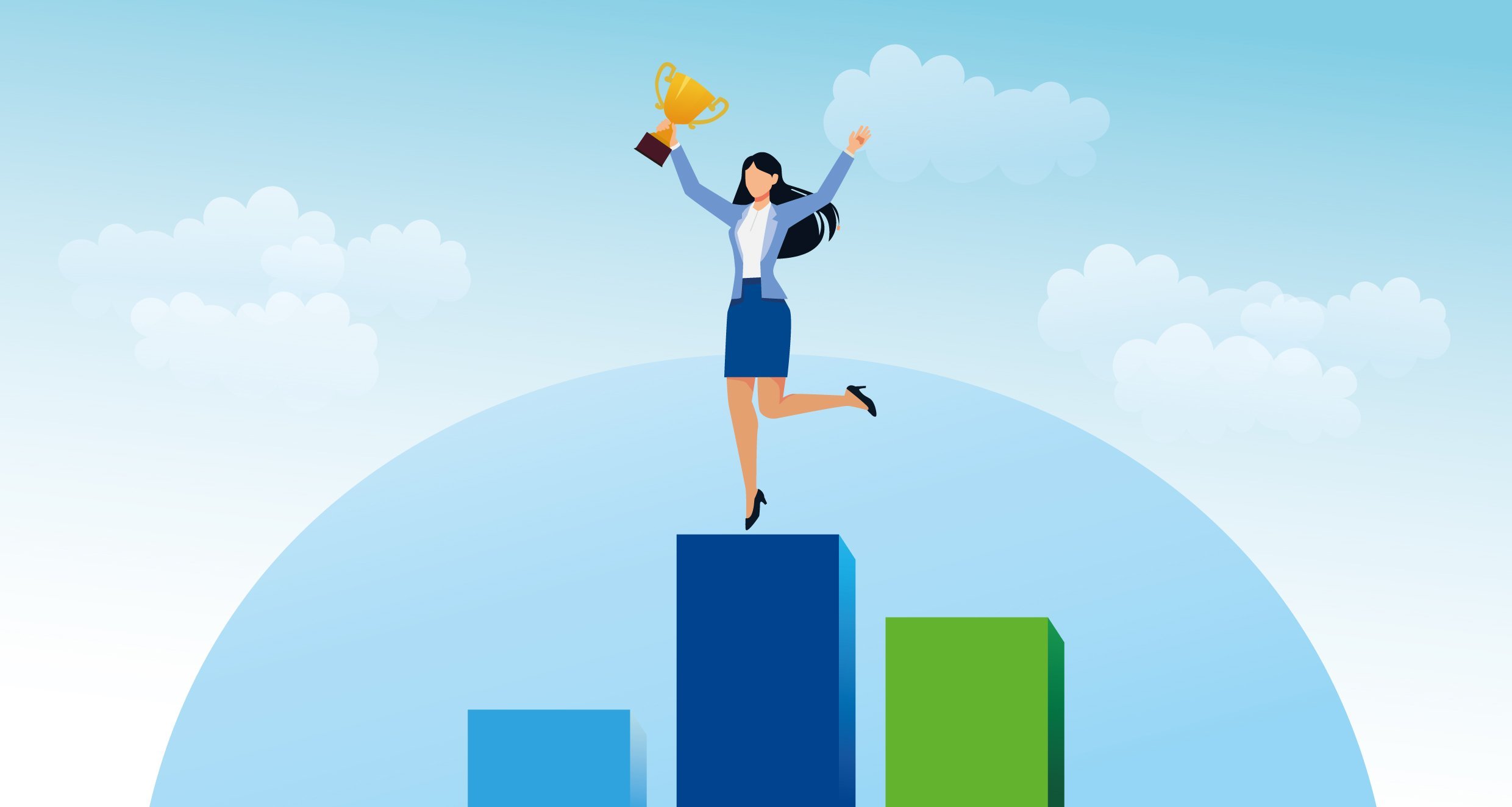 Grafik zum Mitgliederwerbungsprogramm im VAA: Ein Mann steht ganz oben auf dem Treppchen und schwingt den Pokal.