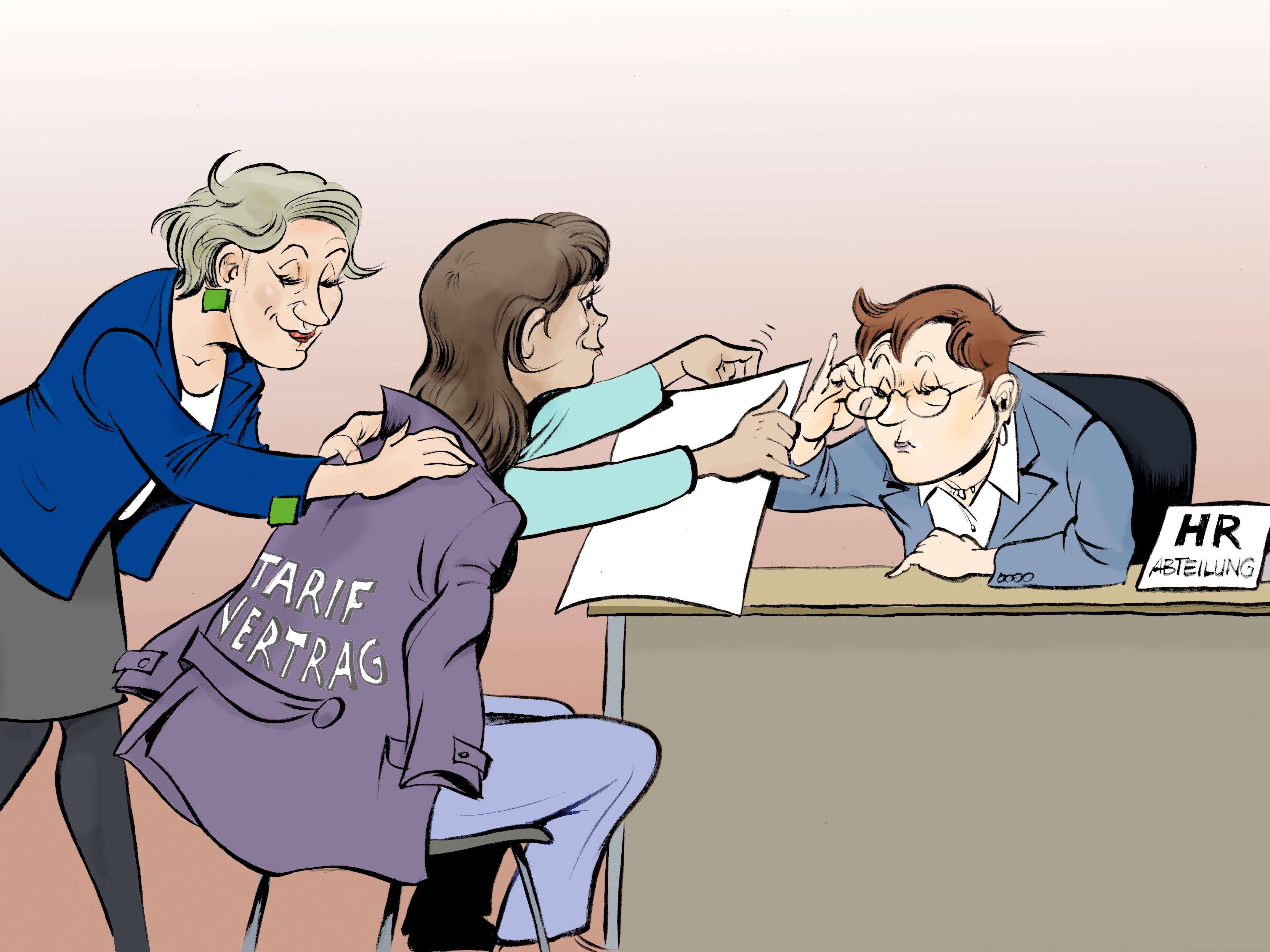 Eine junge Arbeitnehmerin sitzt bei einem Personalgespräch in der HR-Abteilung einer Vorgesetzten gegenüber. Die Arbeitnehmerin reicht der Chefin einen Arbeitsvertrag und weist mit dem Finger auf eine Passage hin. Eine VAA-Juristin, klar erkennbar am VAA-Corporate-Design, steht der Arbeitnehmerin zur Seite und hängt einen Mantel über ihren Rücken. Auf dem Mantel steht „Tarifvertrag“.