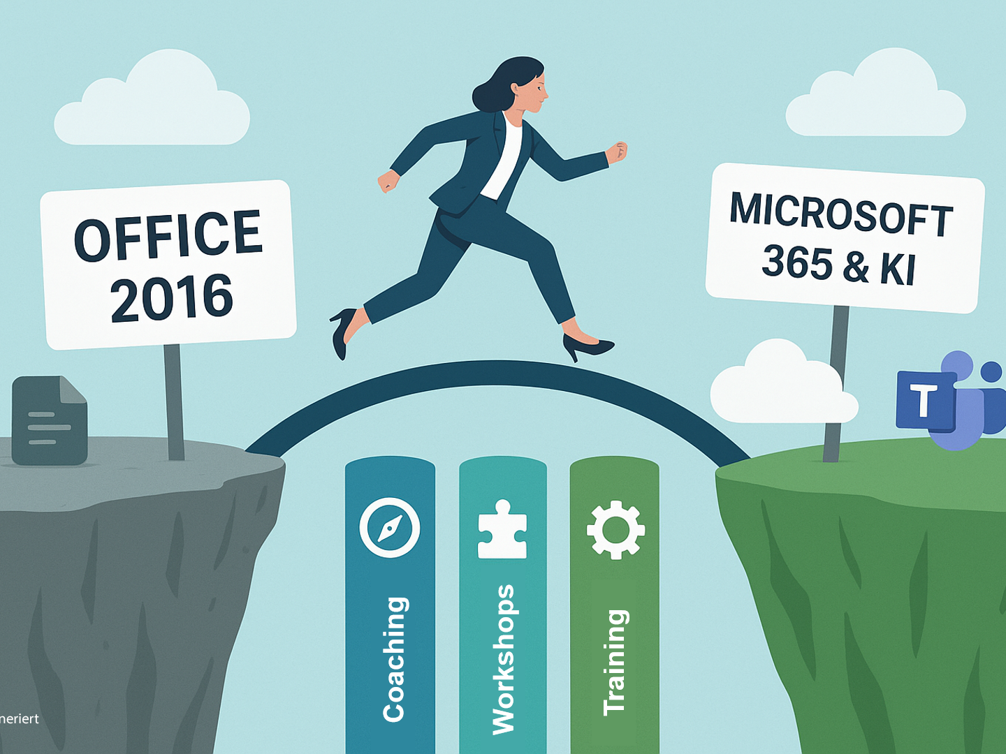 Mit ChatGPT erstellte Grafik zum Sprung von Office 2016 zu Microsoft 365 und KI