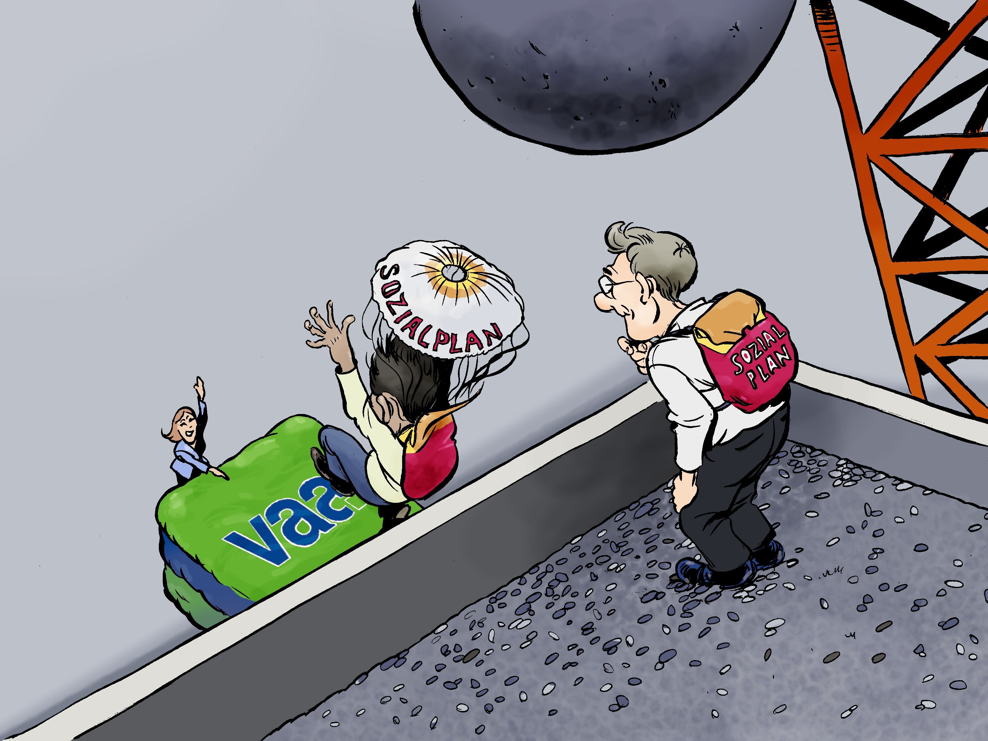 Karikatur zur Rechtsecke im VAA Magazin Dezember 2025: Auf einem Industriegelände sieht man im Hintergrund eine Abrissbirne. Auf einem Dach im Vordergrund steht ein Arbeitnehmer mit einem Fallschirmrucksack, auf dem „Sozialplan“ steht. Er schaut herunter auf einen Mitarbeiter, der bereits springt. Auf dem recht kleinen Fallschirm steht ebenfalls „Sozialplan“. Unten steht eine VAA-Juristin vor einem großen Auffangluftpolster mit dem VAA-Logo.