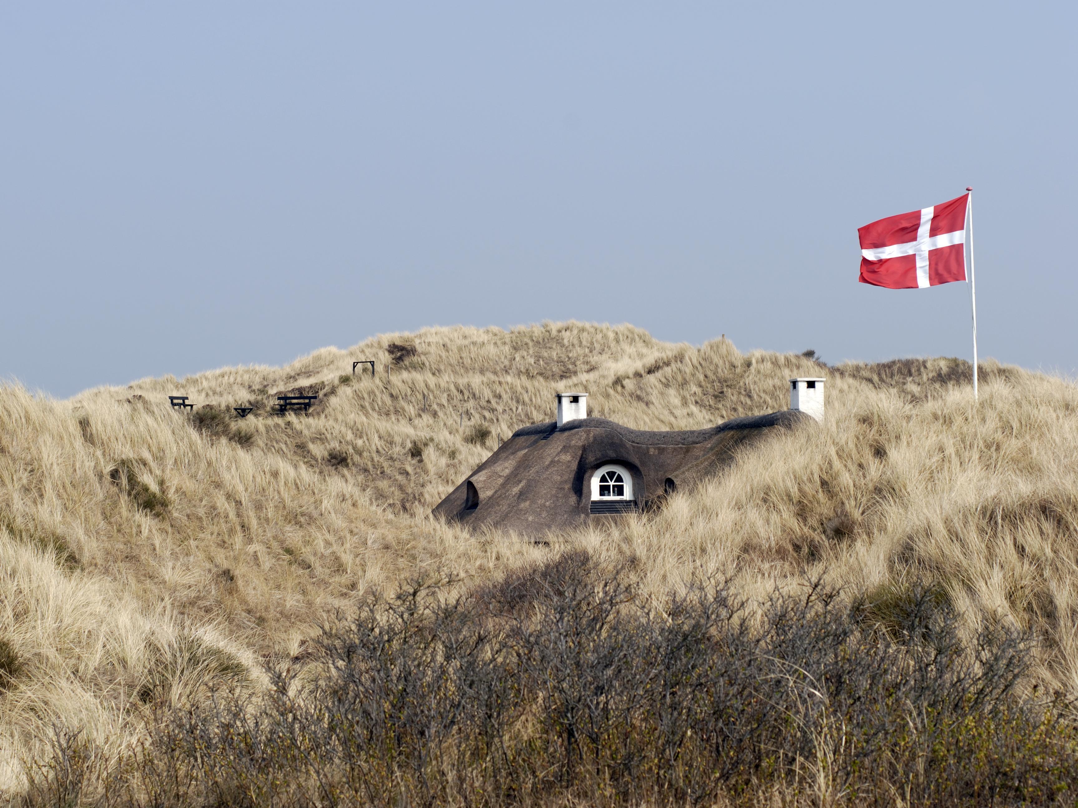 Kleines Landhaus versteckt im Hügel neben einer Dänemark-Fahne.