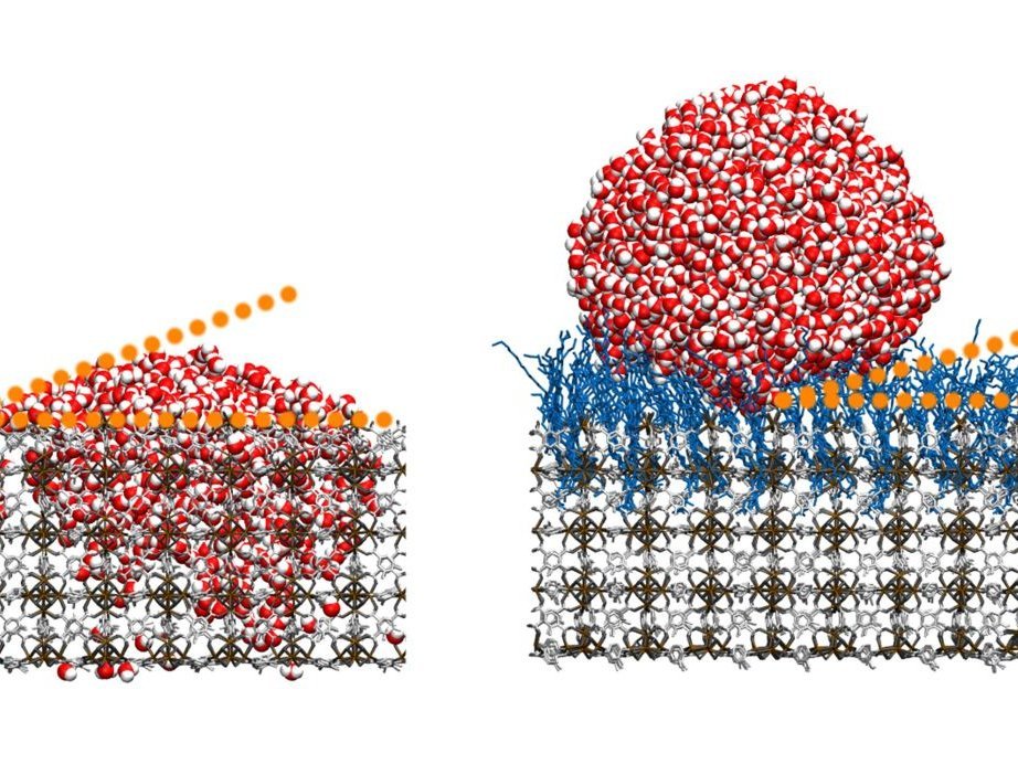 Links: Poröses Substrat mit geringem Wasserkontaktwinkel: Die Oberfläche nimmt viel Flüssigkeit auf. Rechts: Das neue Material weist einen großen Wasserkontaktwinkel auf und ist somit nahezu völlig wasserabweisend. (Foto: KIT)