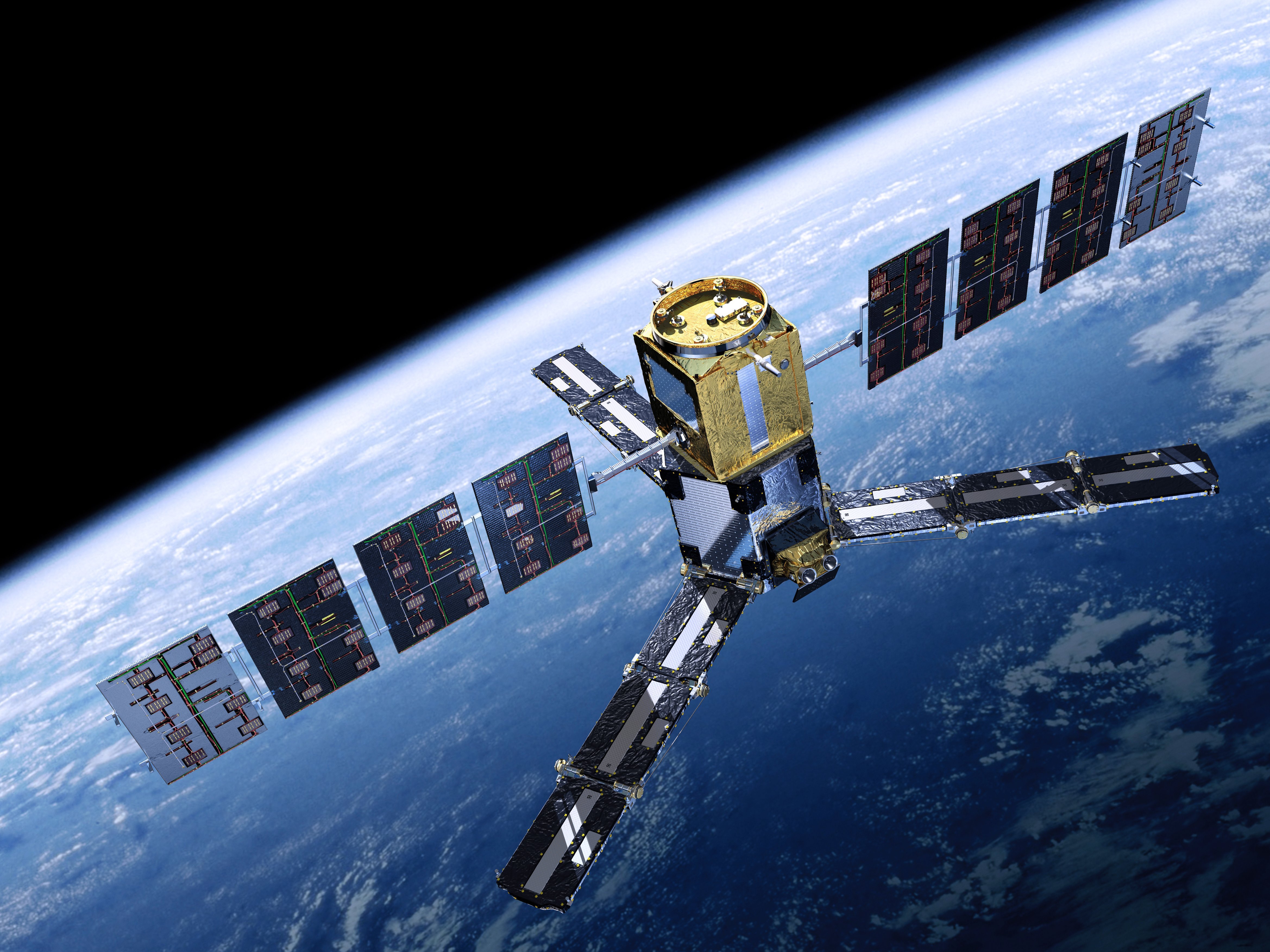 Nahaufnahme eines Satelliten über der Erde im Weltraum. Die Erde im Hintergrund.