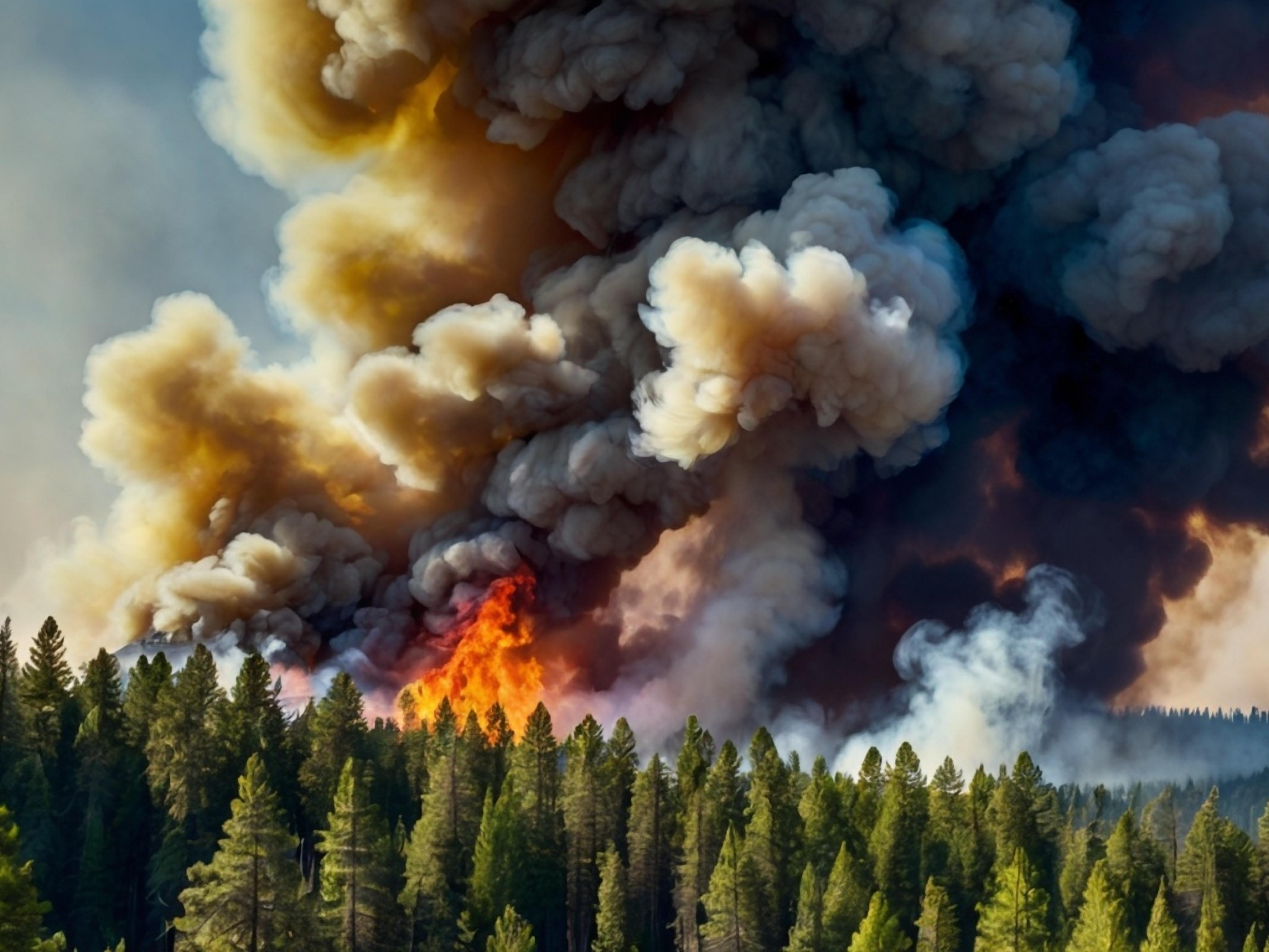Blick auf eine große Explosion und einen Brand, im Vordergrund ist ein Wald zu sehen.
