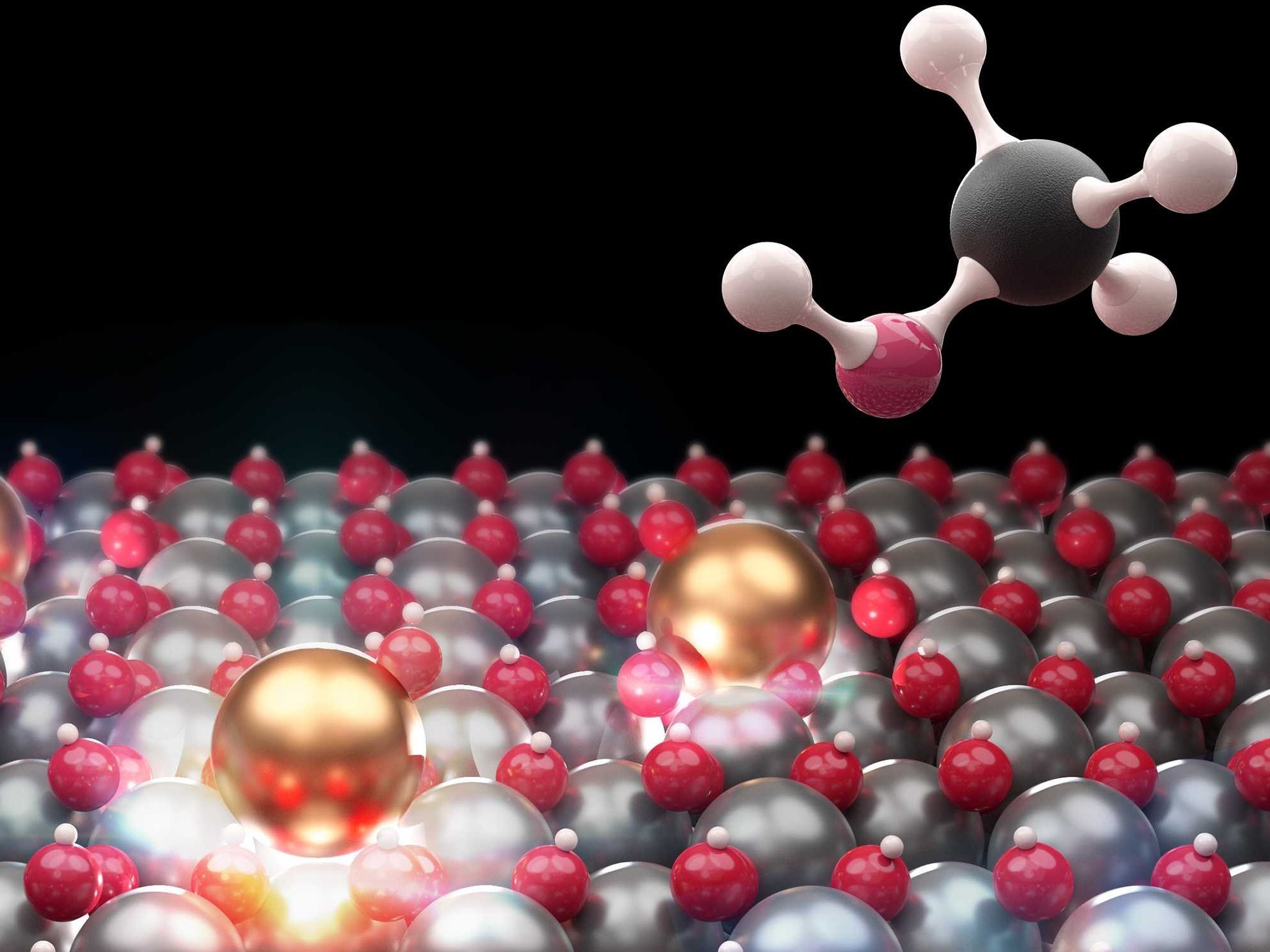edes der vereinzelten Indium-Atom (goldfarben) kann die Synthese von Methanol (rechts oben) katalysieren.